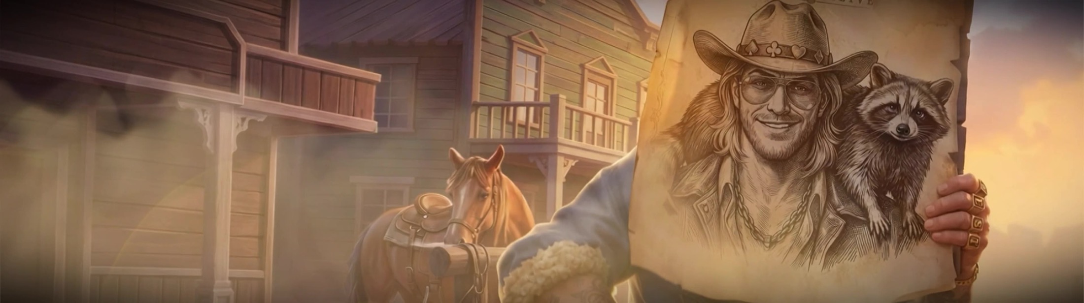 BetWest casino artwork showing a Western saloon and cowboy with a raccoon