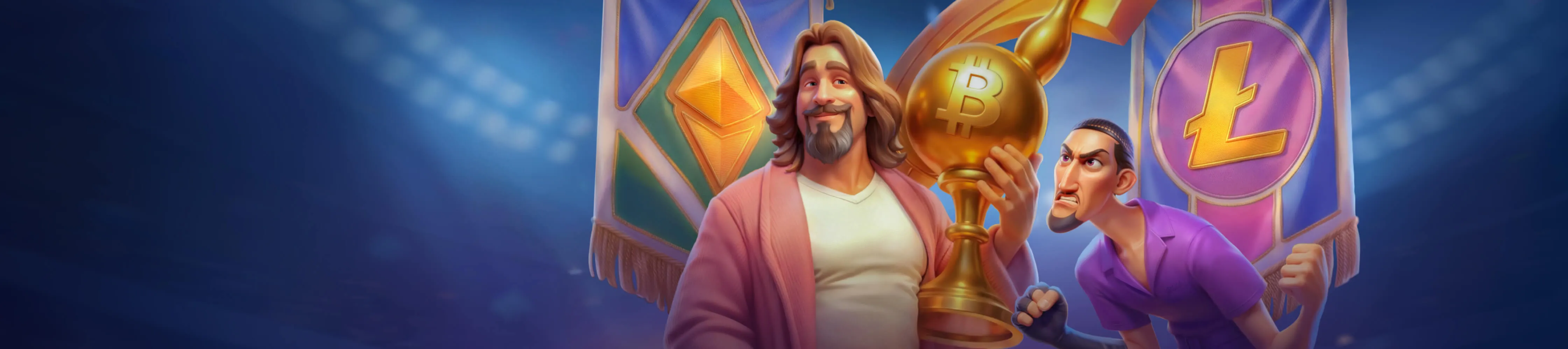 DudeSpin casino artwork showing Bitcoin, Ethereum and Litecoin symbols