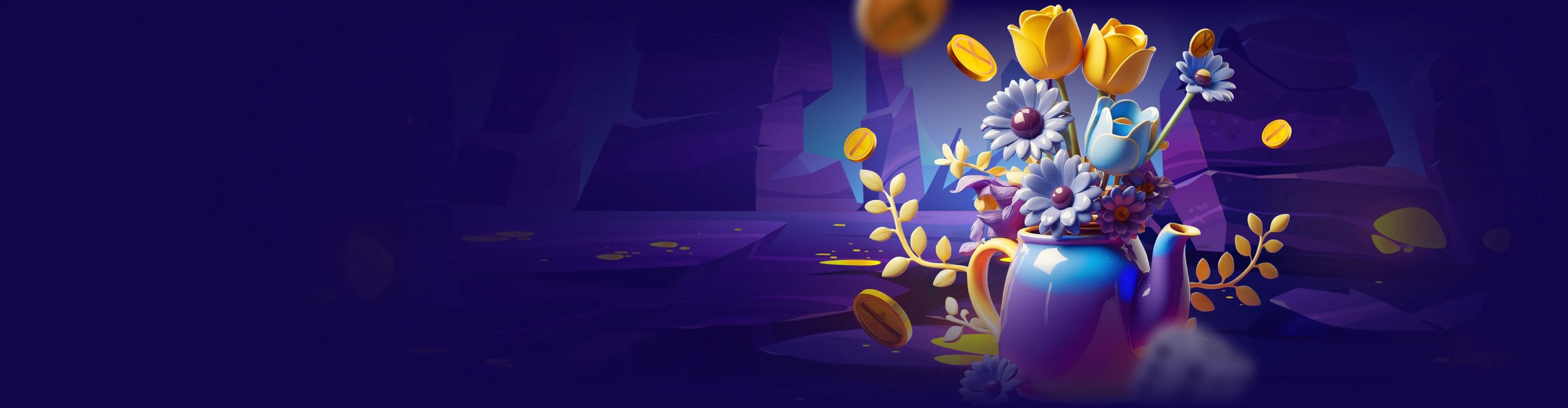 Official EvoSpin casino artwork showing flowers, coins and a teapot